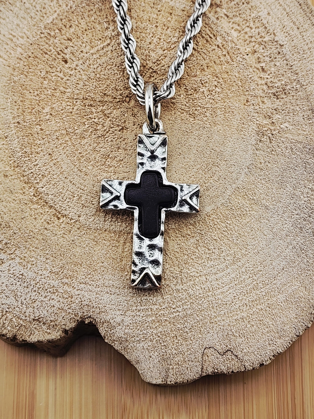 24in Men's Silver Cross Pendant Necklace with Black Inlay